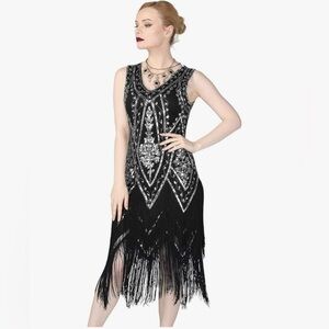PrettyGuide • 1920s Flapper Beaded Fringe Dress Black Silver Art Deco • Size XXL